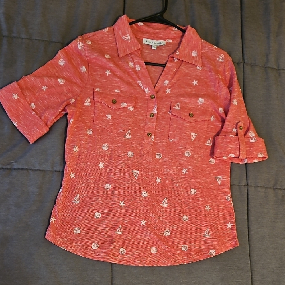 Red Casual Blouse with Nautical Patterns
